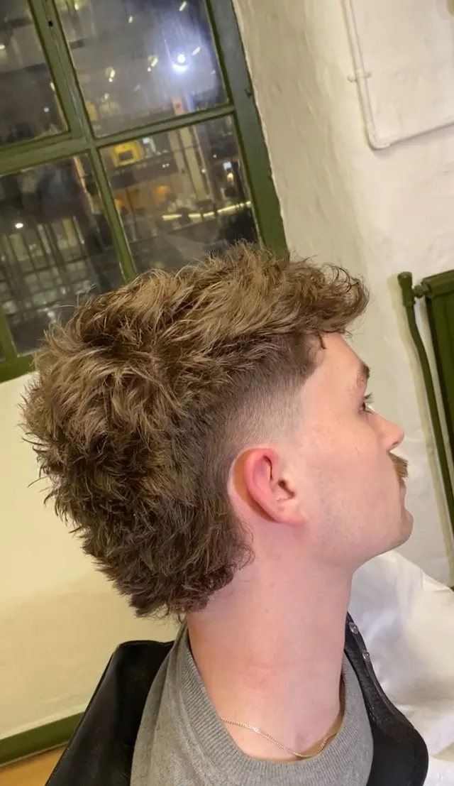 A textured mullet with a taper, by the studio window